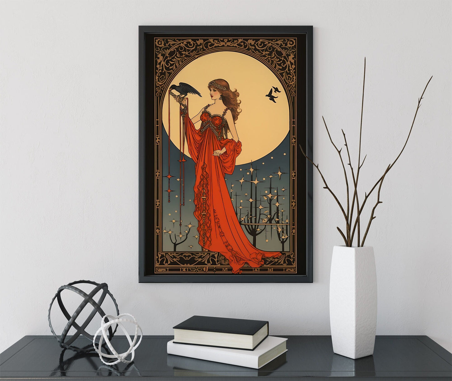 Morrigan - Goddess - Deco - Art Nouveau Goddess - Poster Bohemian - Goddess Print Large - Red and Gold Print