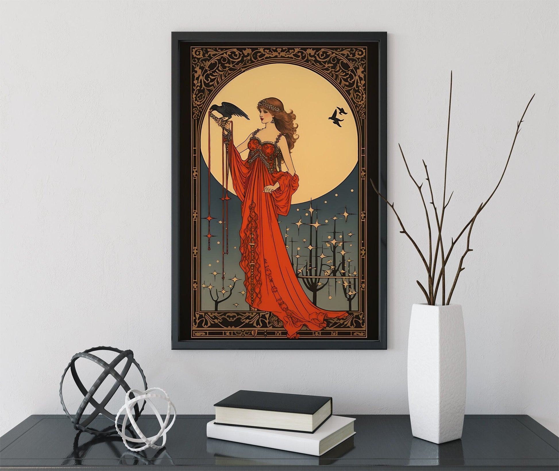 Morrigan - Goddess - Deco - Art Nouveau Goddess - Poster Bohemian - Goddess Print Large - Red and Gold Print