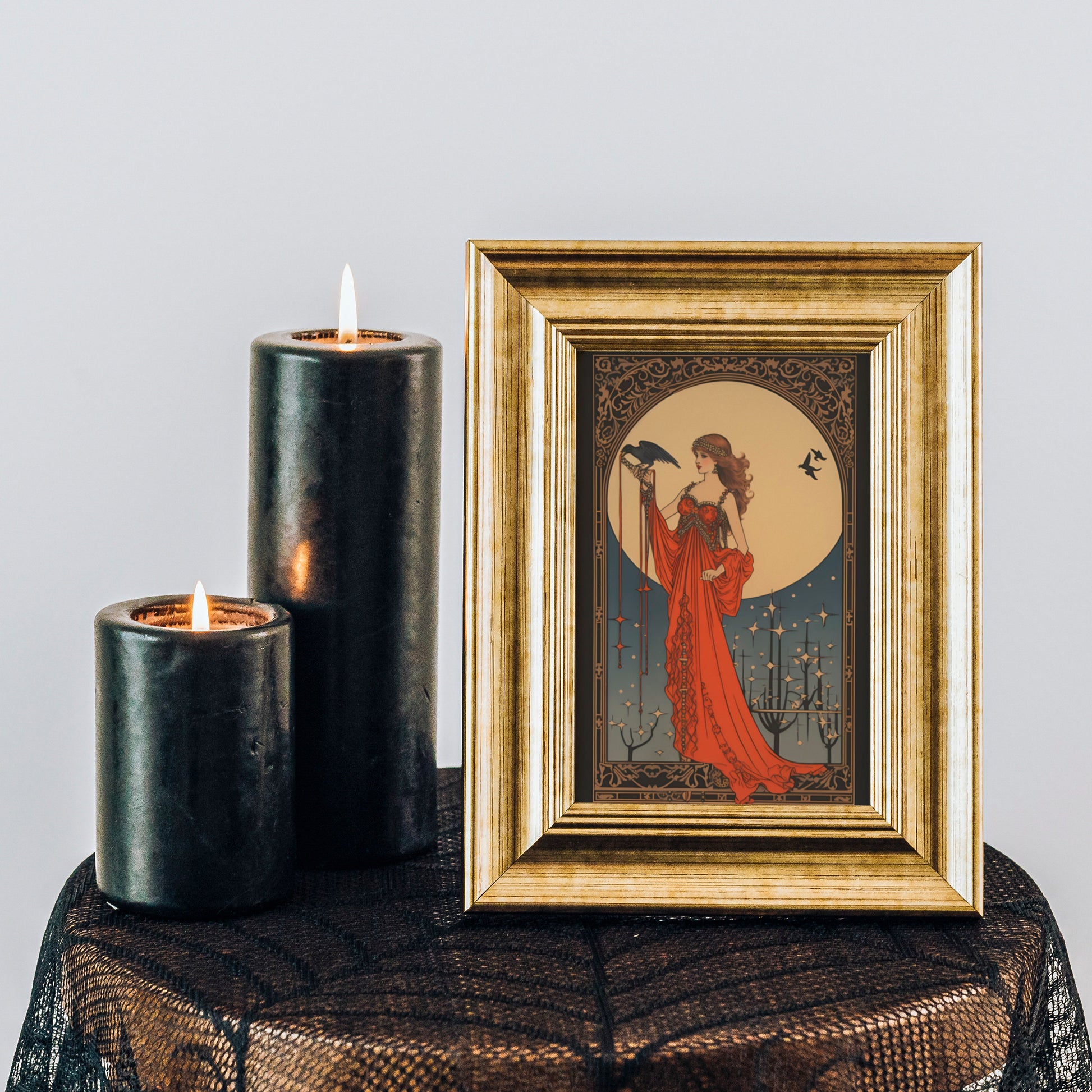 Morrigan - Goddess - Deco - Art Nouveau Goddess - Poster Bohemian - Goddess Print Large - Red and Gold Print