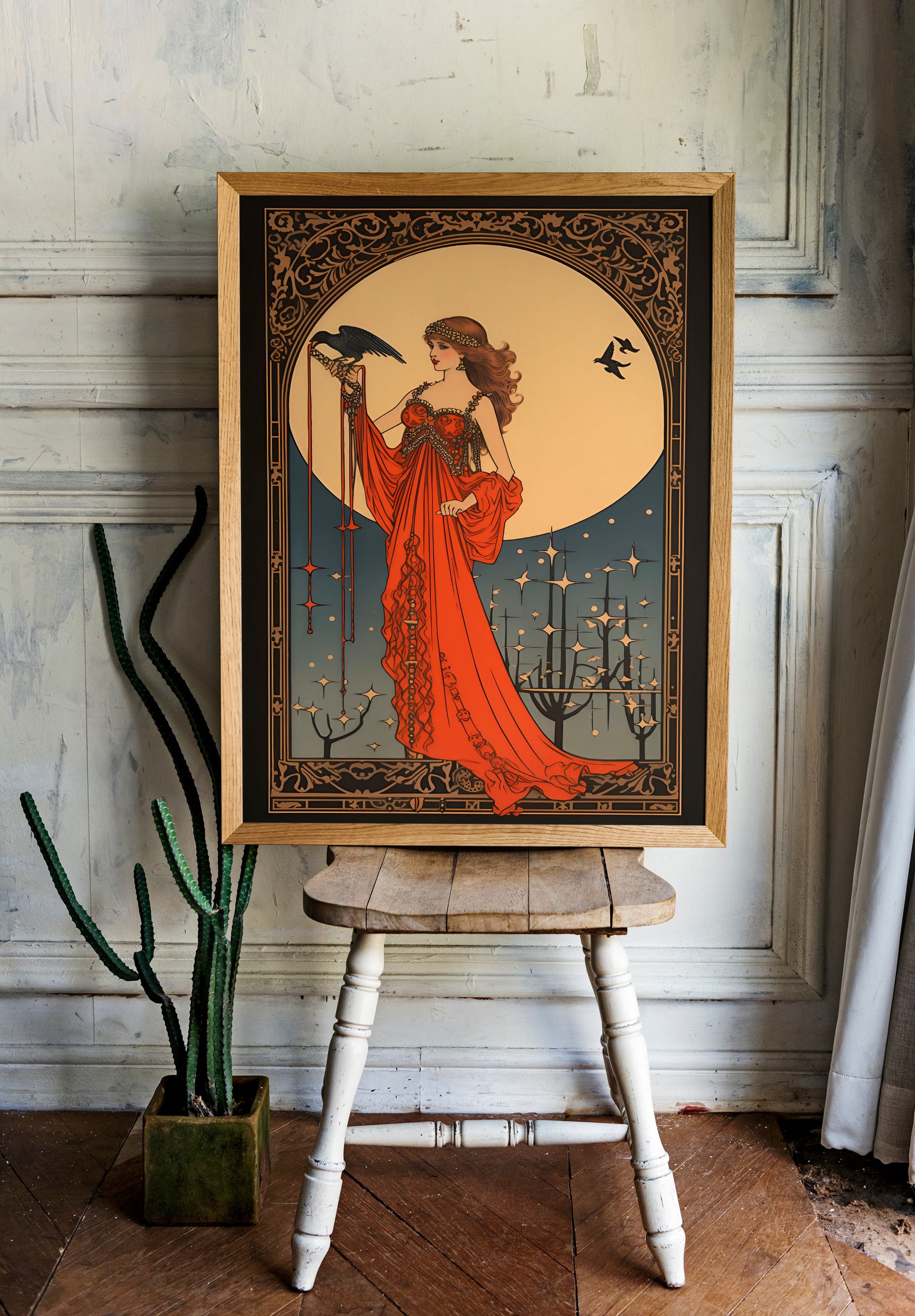 Morrigan - Goddess - Deco - Art Nouveau Goddess - Poster Bohemian - Goddess Print Large - Red and Gold Print