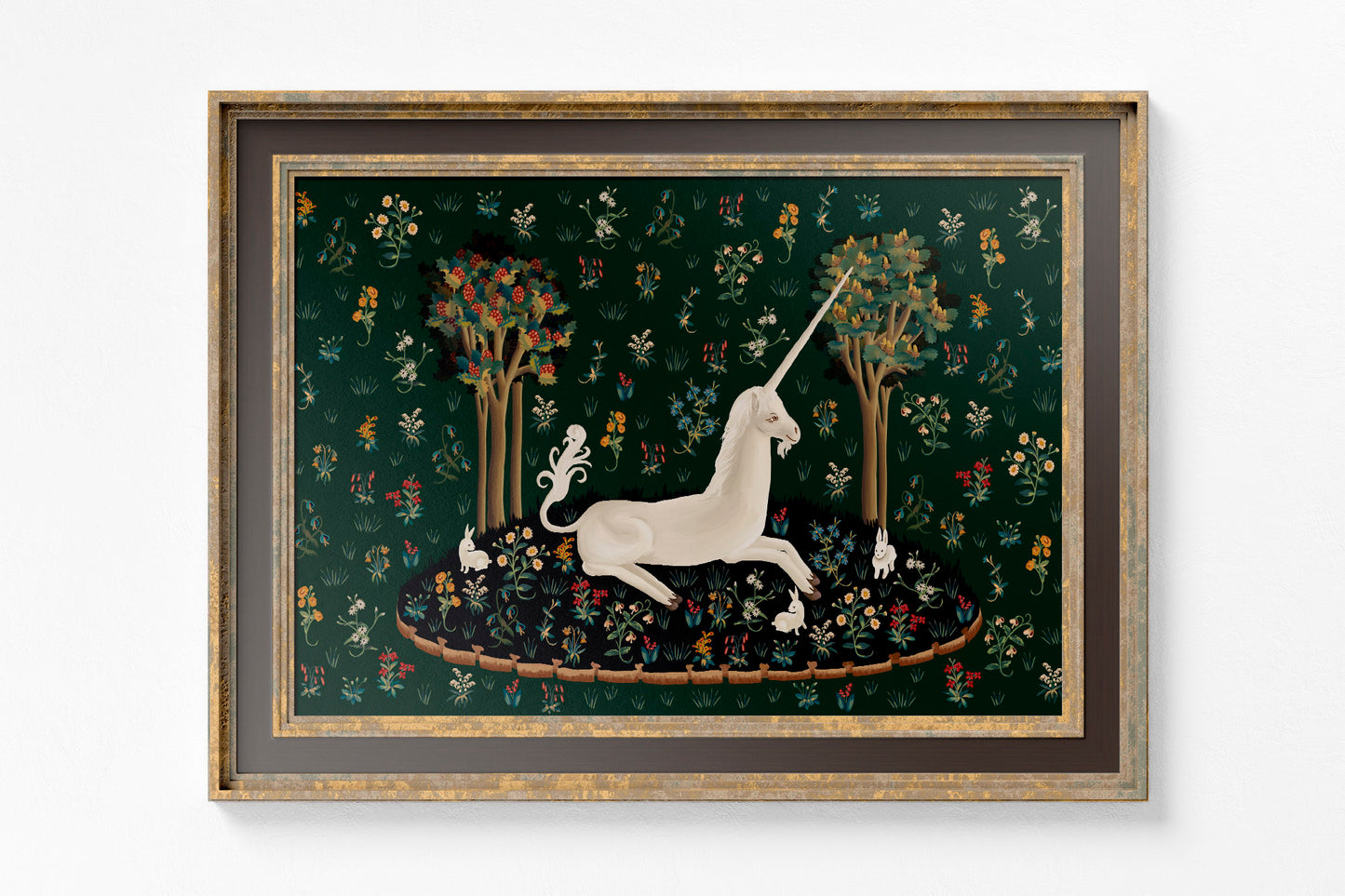 Medieval Unicorn Print - Floral Print - Bunnies Print - Medieval Art - Flora - tapestries style on green background