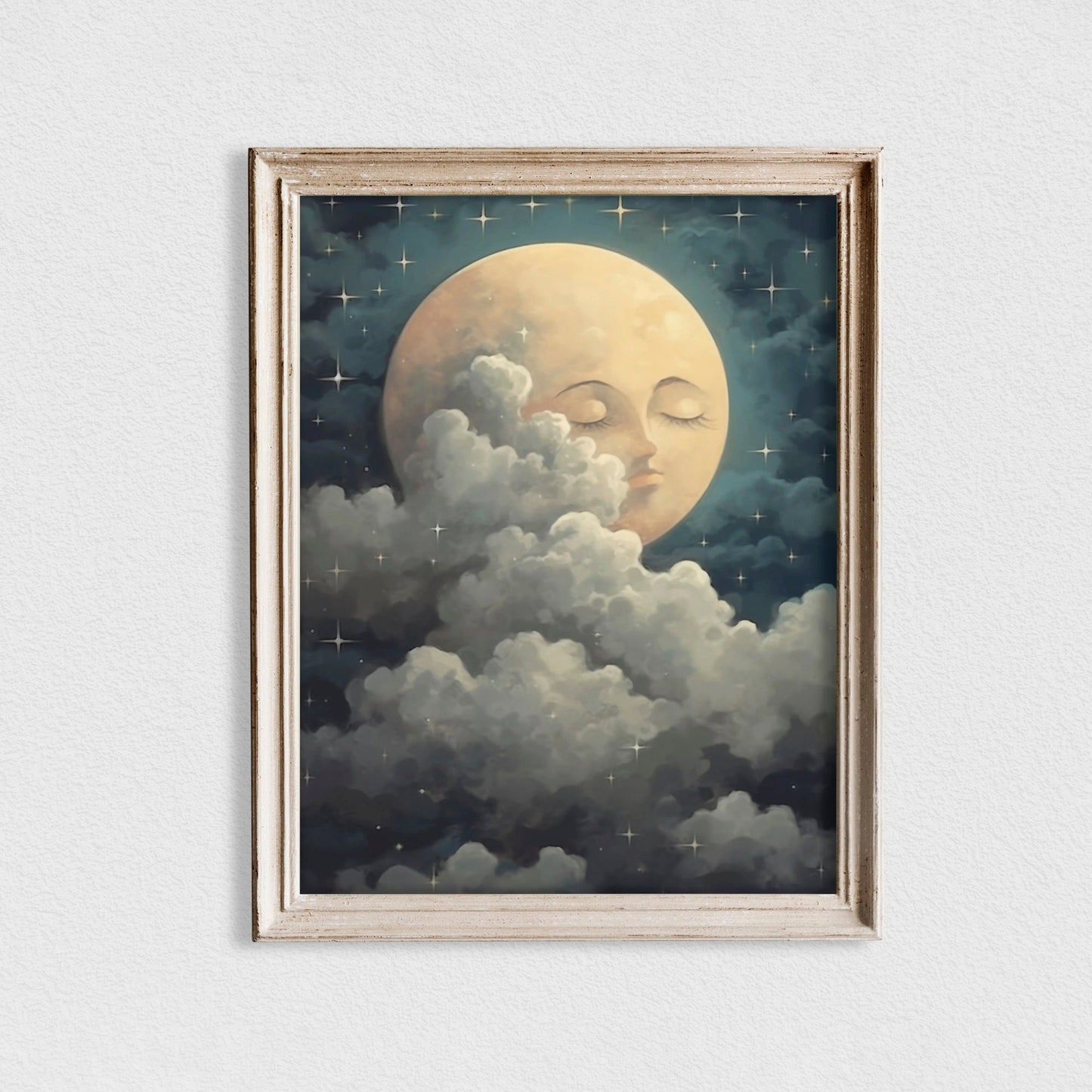 Moon with Face - Sky Painting - Moon Nursery Print - Gender Neutral Art - Cute Moon