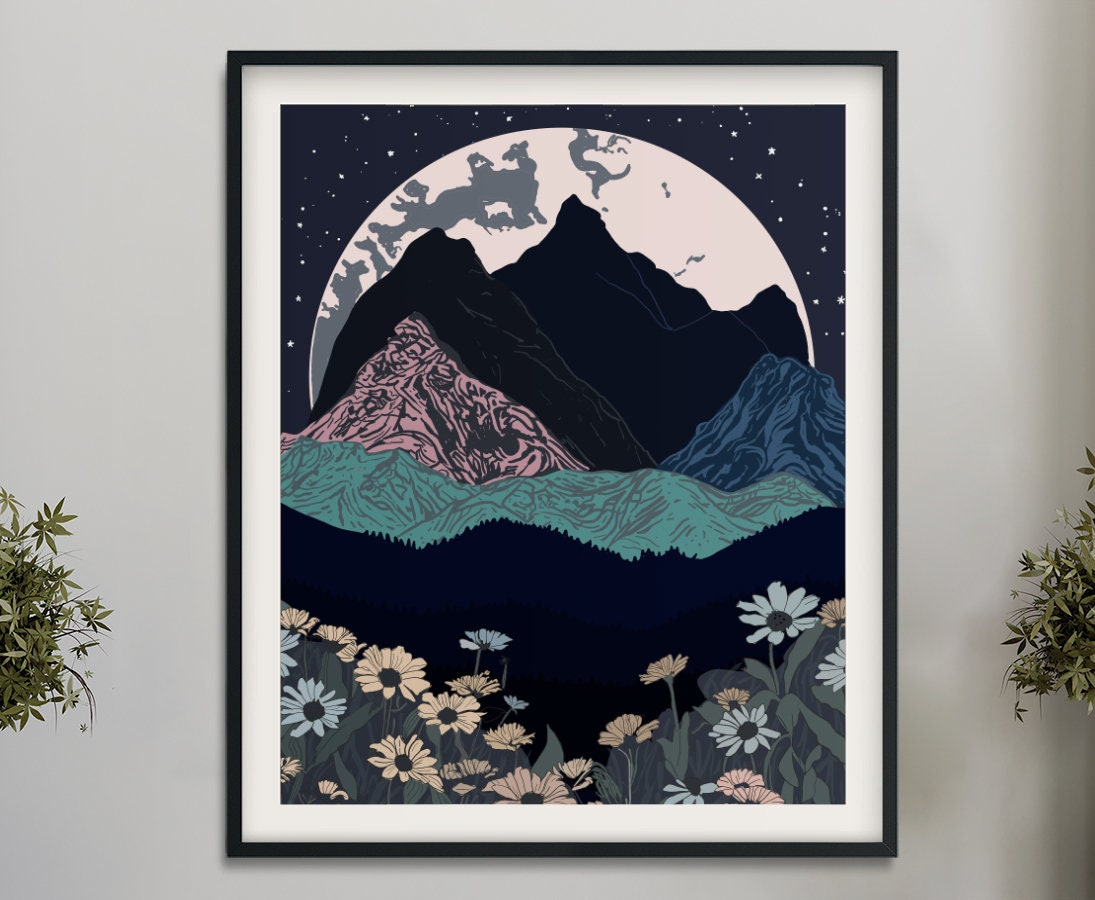 Painted Mountains Poster - Blue and Pink Moon Mountain Poster - Ombre Poster with Moon