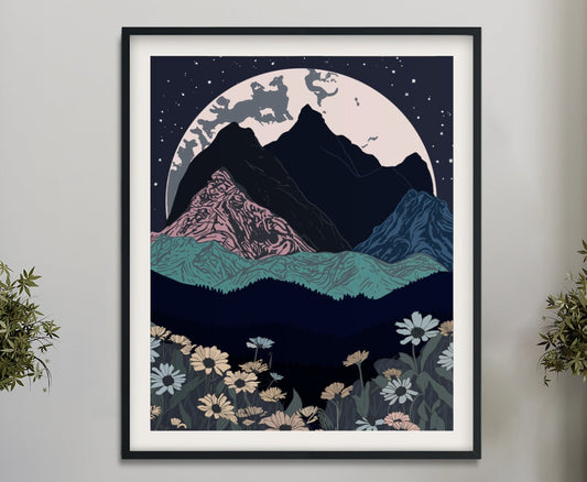 Painted Mountains Poster - Blue and Pink Moon Mountain Poster - Ombre Poster with Moon