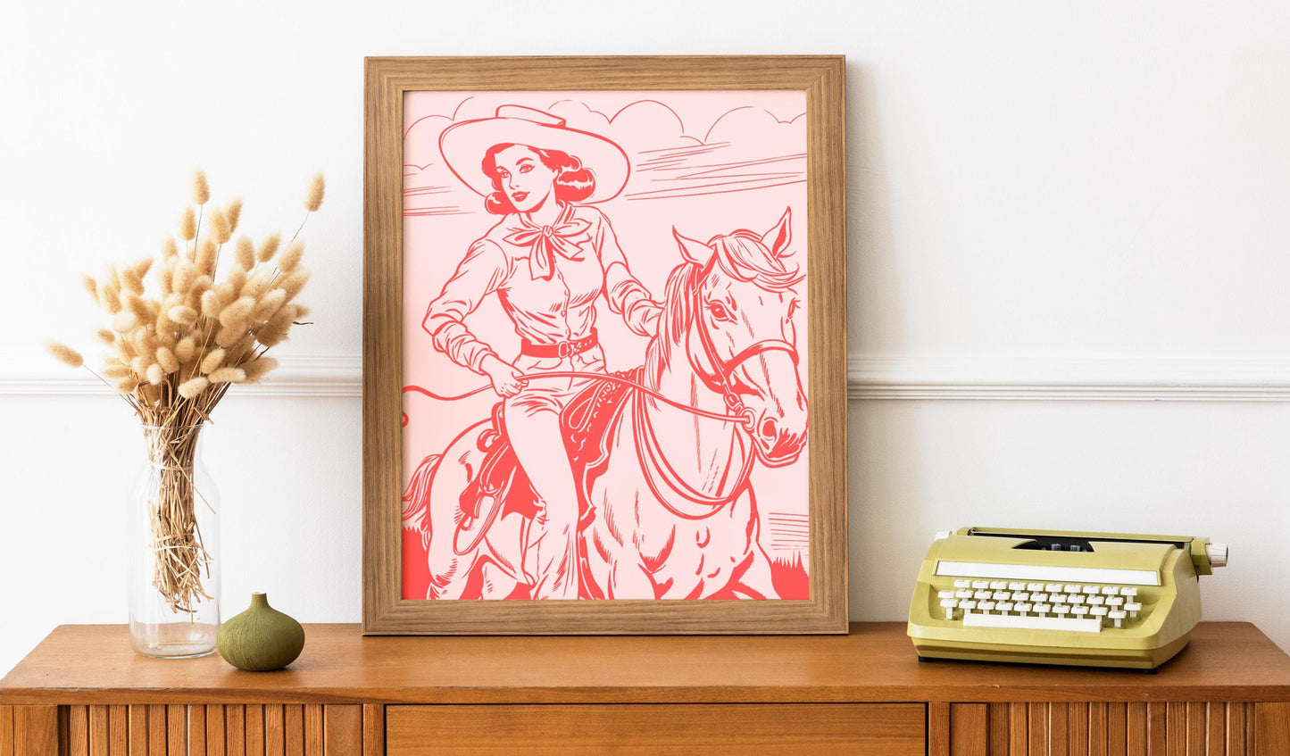 Pink Cowgirl - Cow Girl with Horse Print - Pink Western Poster, No Frame