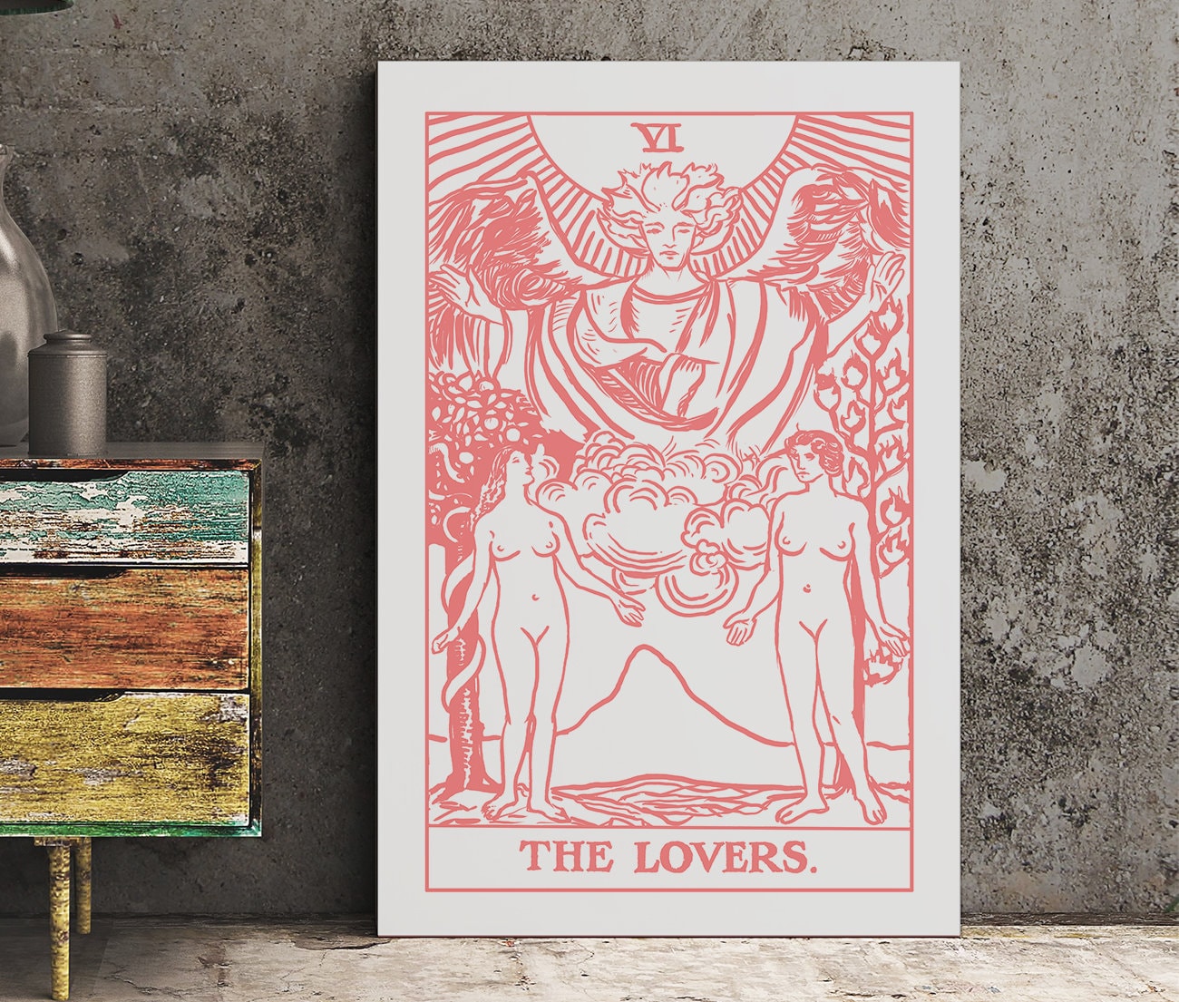 The Lovers - Tarot Card Print - Two Women Lovers Pink and White Card Poster, No Frame