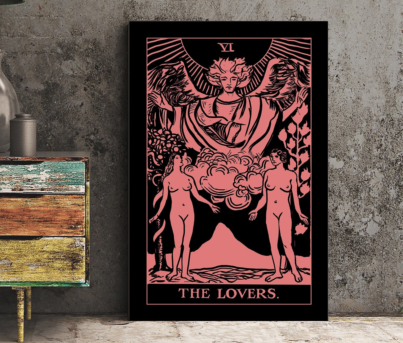 The Lovers - Tarot Card Print - Two Women Lovers Pink and White Card Poster, No Frame