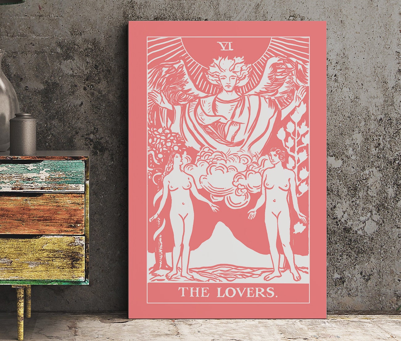 The Lovers - Tarot Card Print - Two Women Lovers Pink and White Card Poster, No Frame