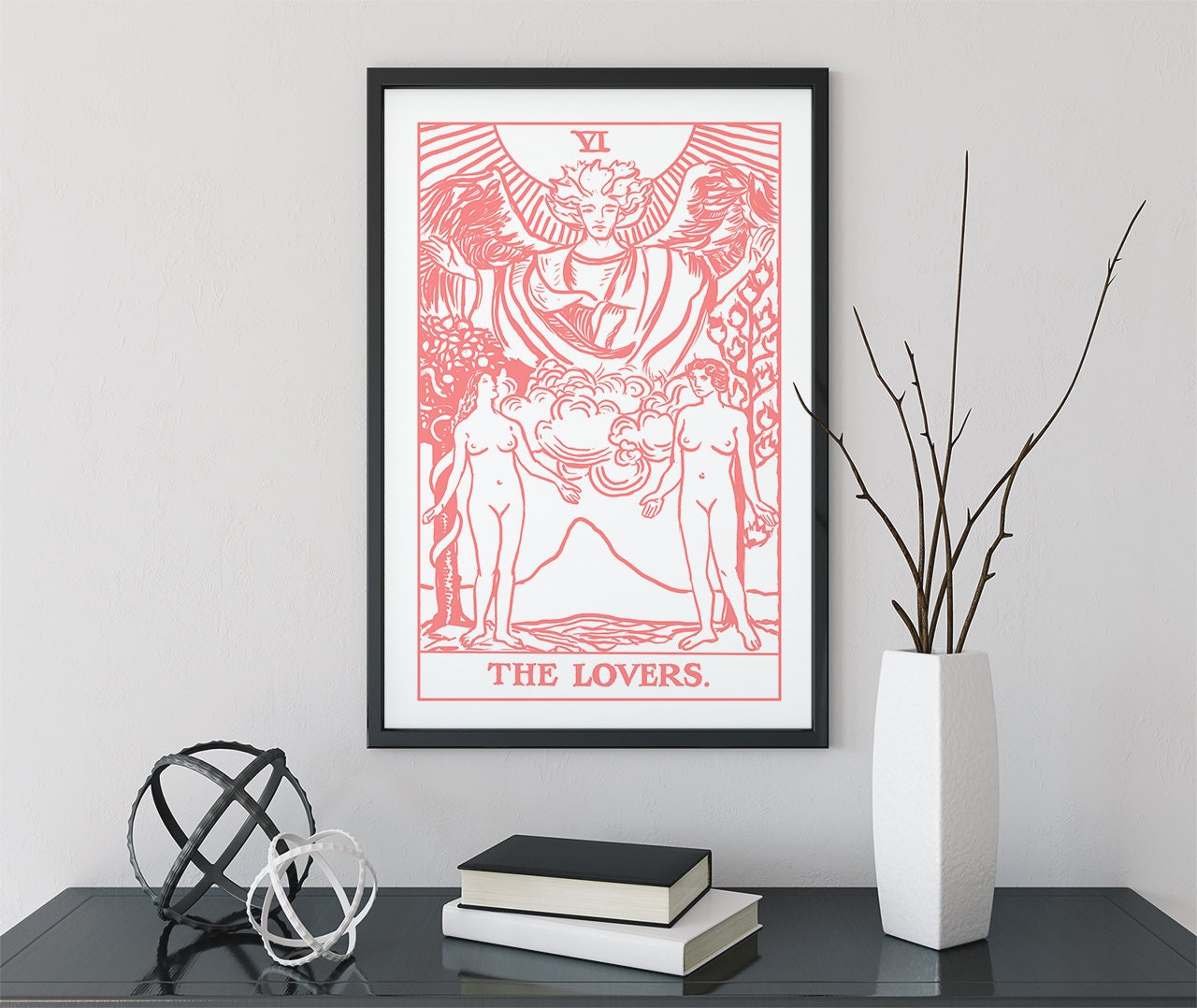 The Lovers - Tarot Card Print - Two Women Lovers Pink and White Card Poster, No Frame