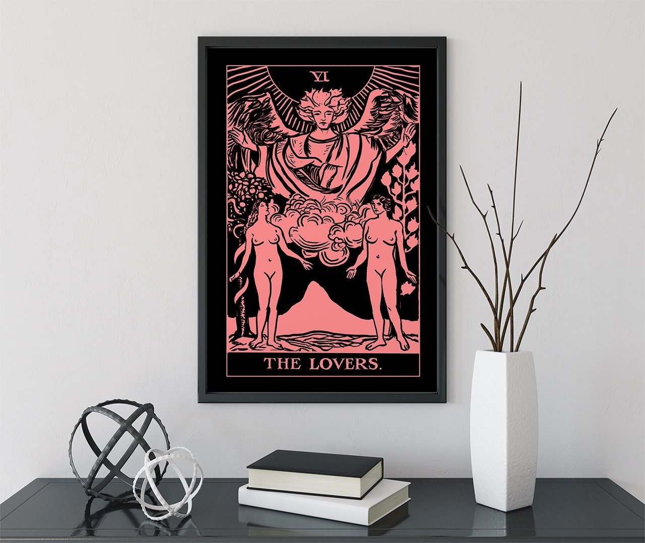 The Lovers - Tarot Card Print - Two Women Lovers Pink and White Card Poster, No Frame