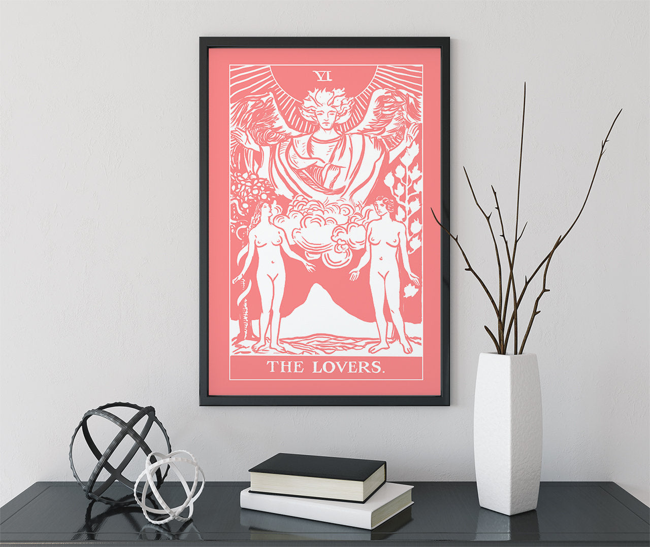 The Lovers - Tarot Card Print - Two Women Lovers Pink and White Card Poster, No Frame