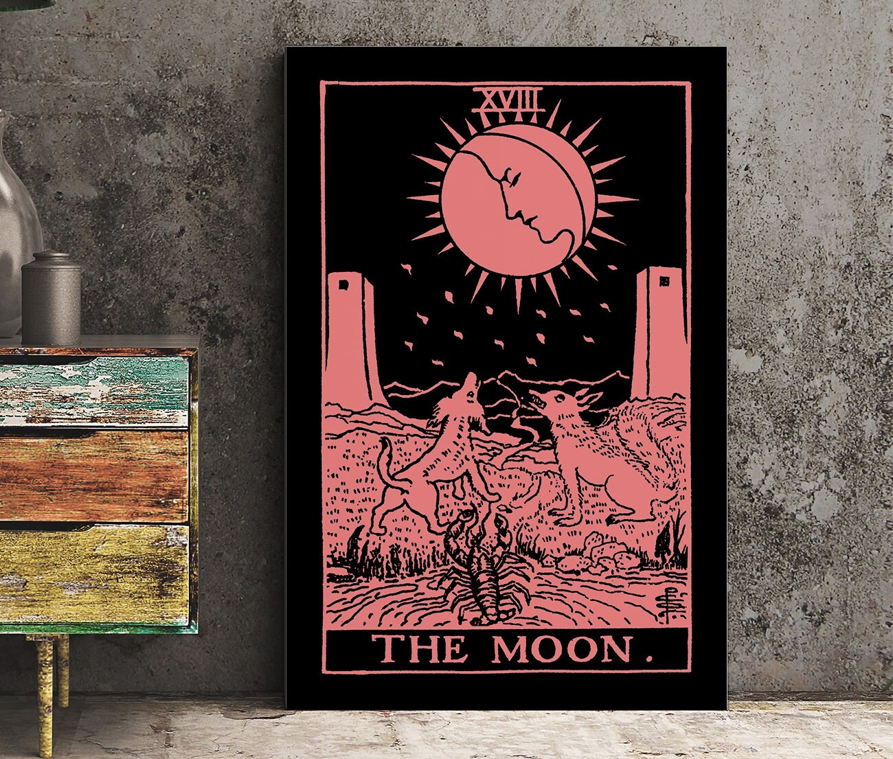 The Moon - Tarot Card Print - The Moon Pink and White Poster, No Frame