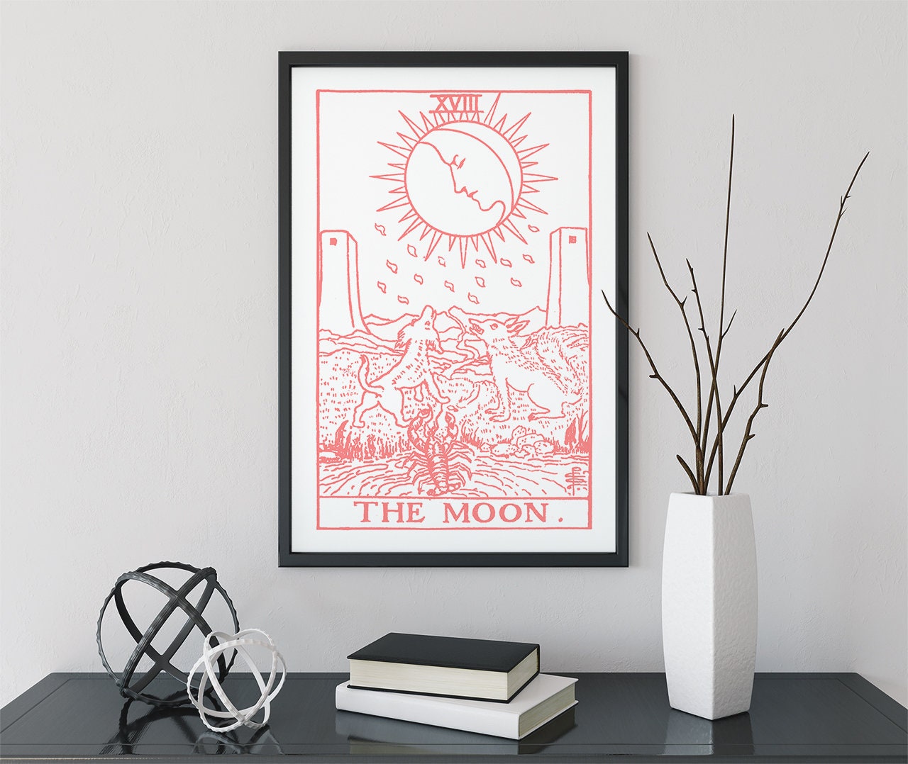 The Moon - Tarot Card Print - The Moon Pink and White Poster, No Frame