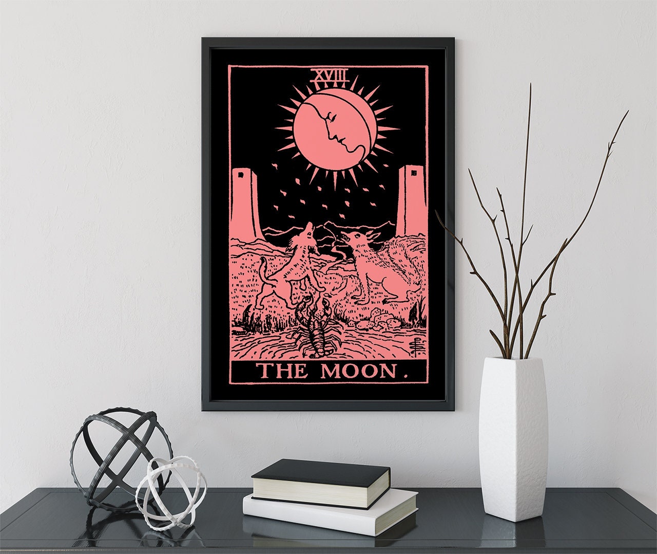 The Moon - Tarot Card Print - The Moon Pink and White Poster, No Frame