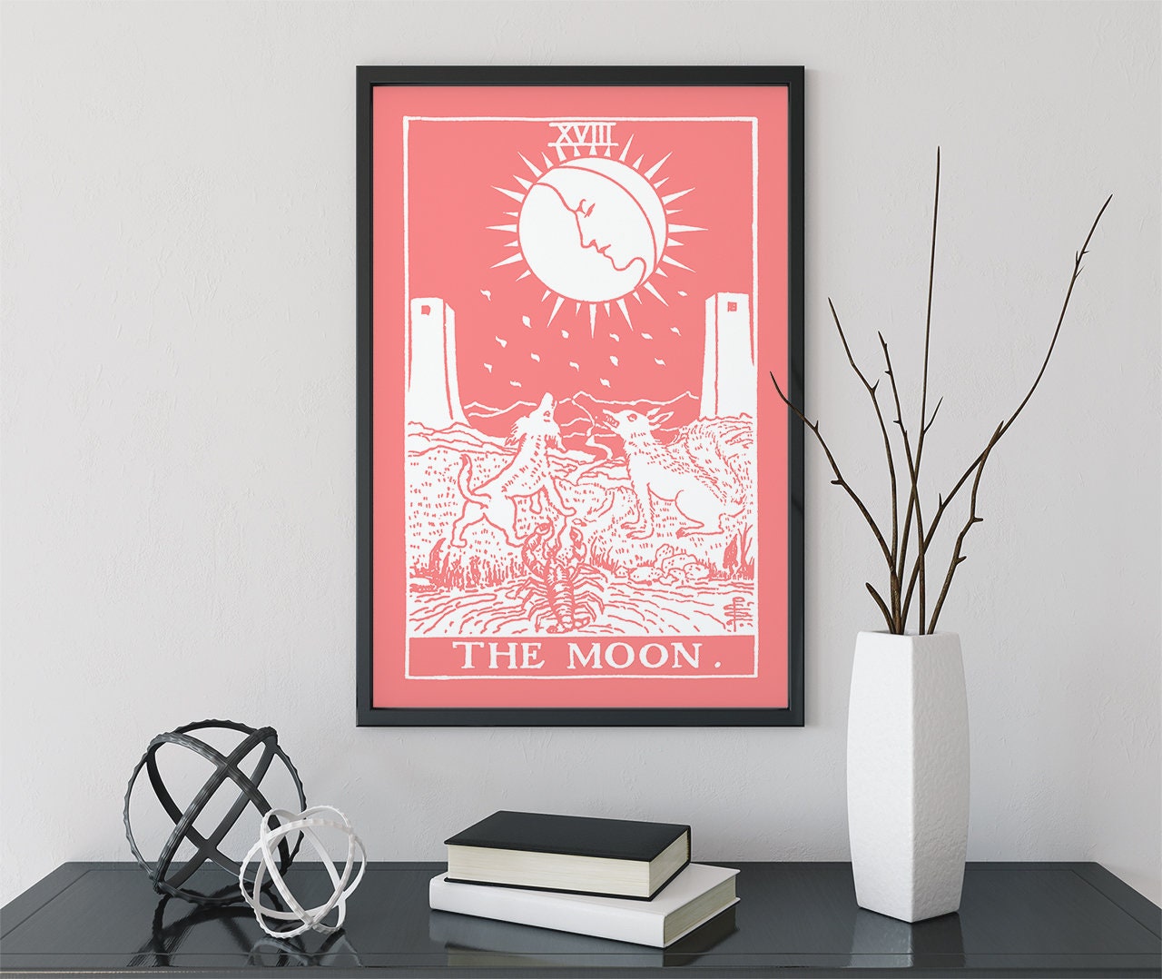 The Moon - Tarot Card Print - The Moon Pink and White Poster, No Frame
