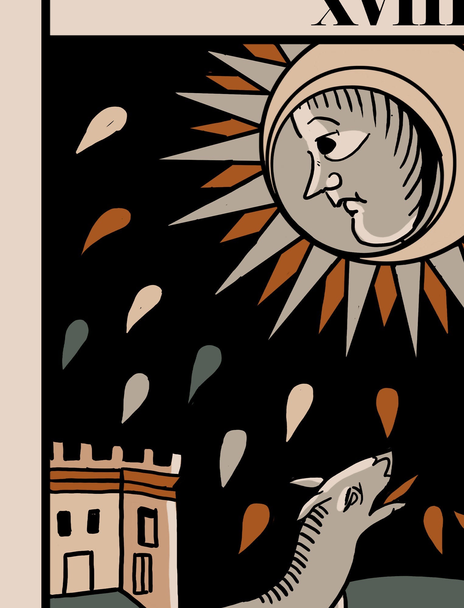 The Moon- Tarot de Marseille Card Print - The Moon Card Neutral Vibe Poster Eclectic Tarot, No Frame