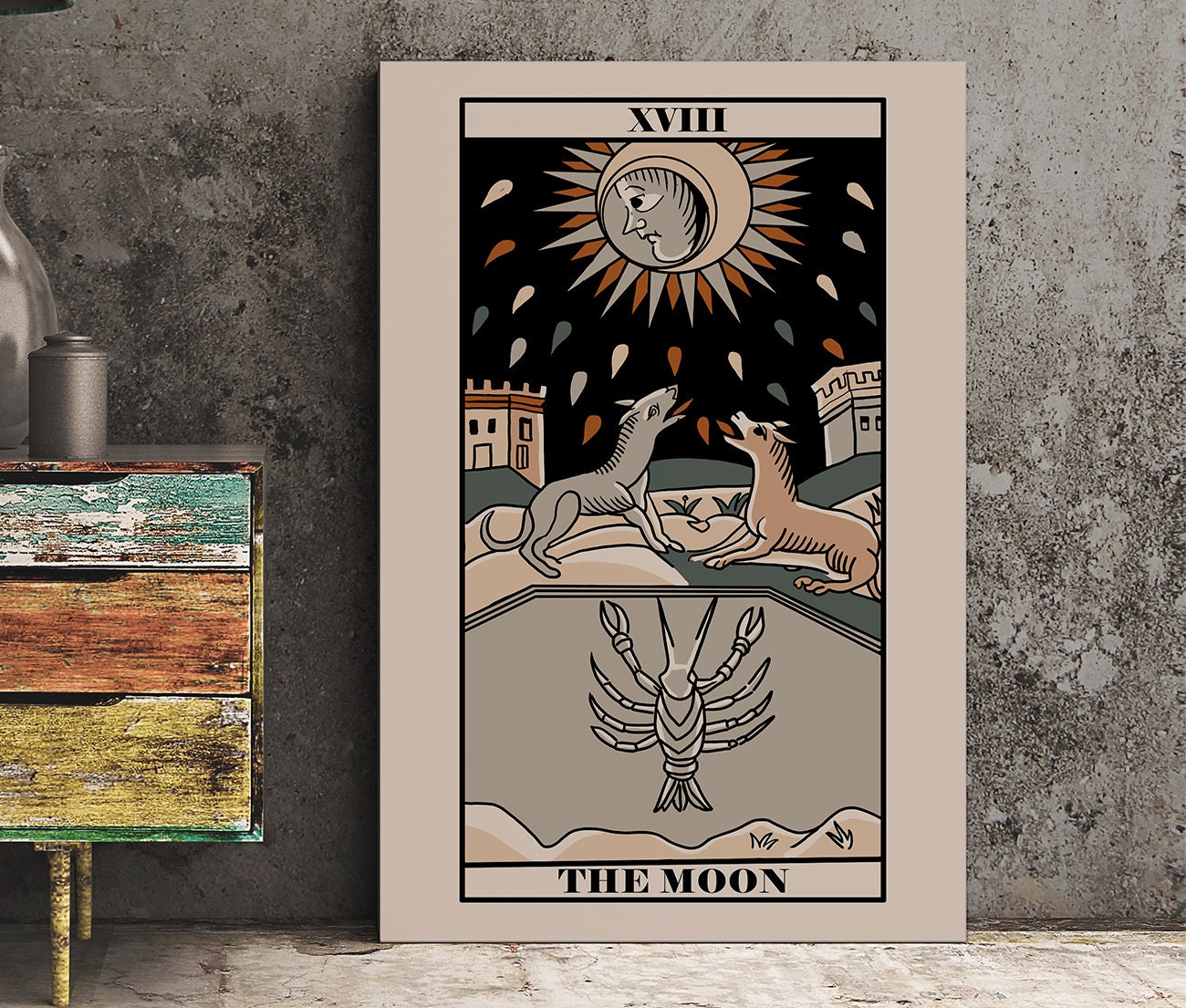 The Moon- Tarot de Marseille Card Print - The Moon Card Neutral Vibe Poster Eclectic Tarot, No Frame