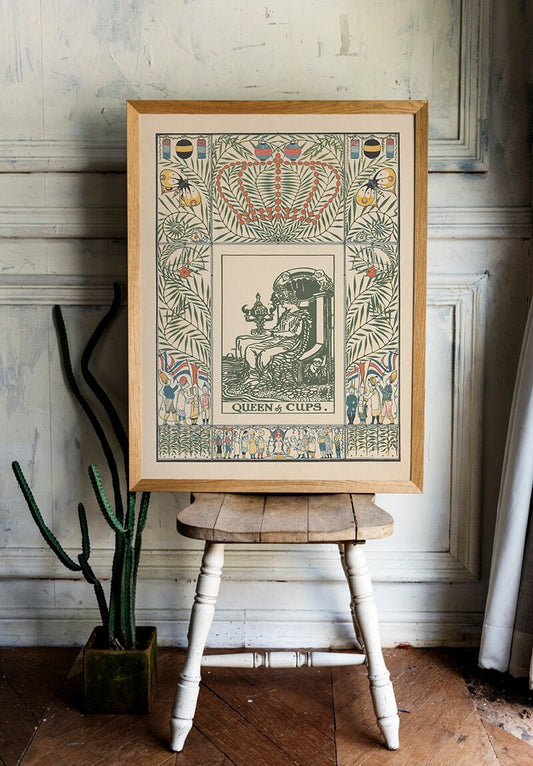 Queen of Cups Nouveau Tarot Print - Vintage Shabby Chic - Tarot Poster - Nouveau Tarot Card Art - Green