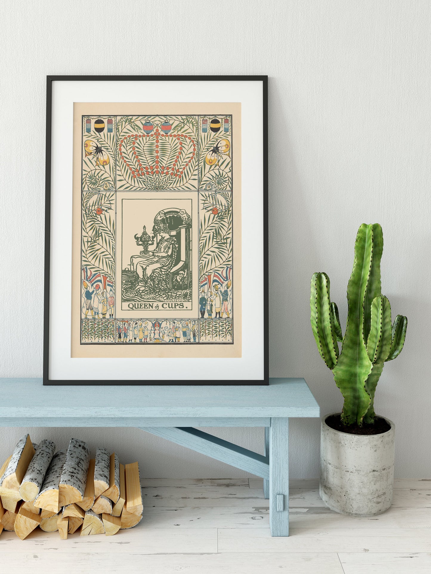 Queen of Cups Nouveau Tarot Print - Vintage Shabby Chic - Tarot Poster - Nouveau Tarot Card Art - Green