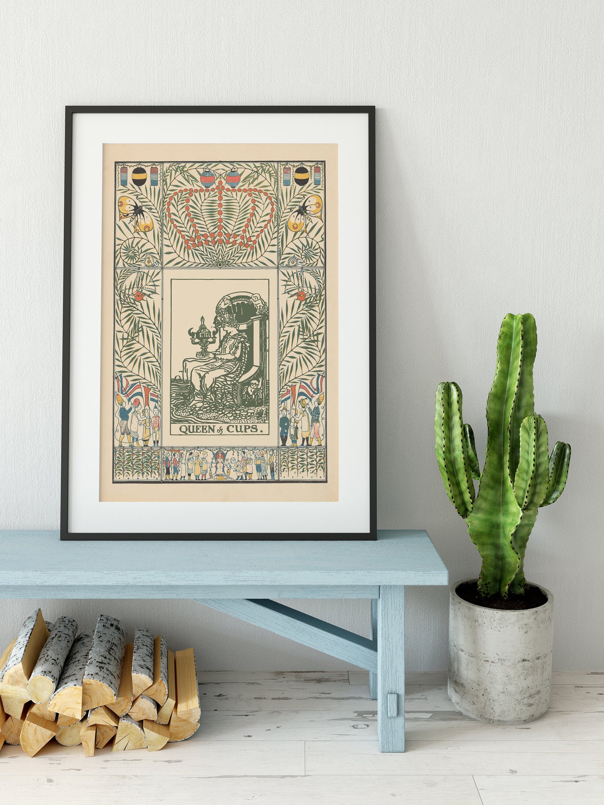 Queen of Cups Nouveau Tarot Print - Vintage Shabby Chic - Tarot Poster - Nouveau Tarot Card Art - Green