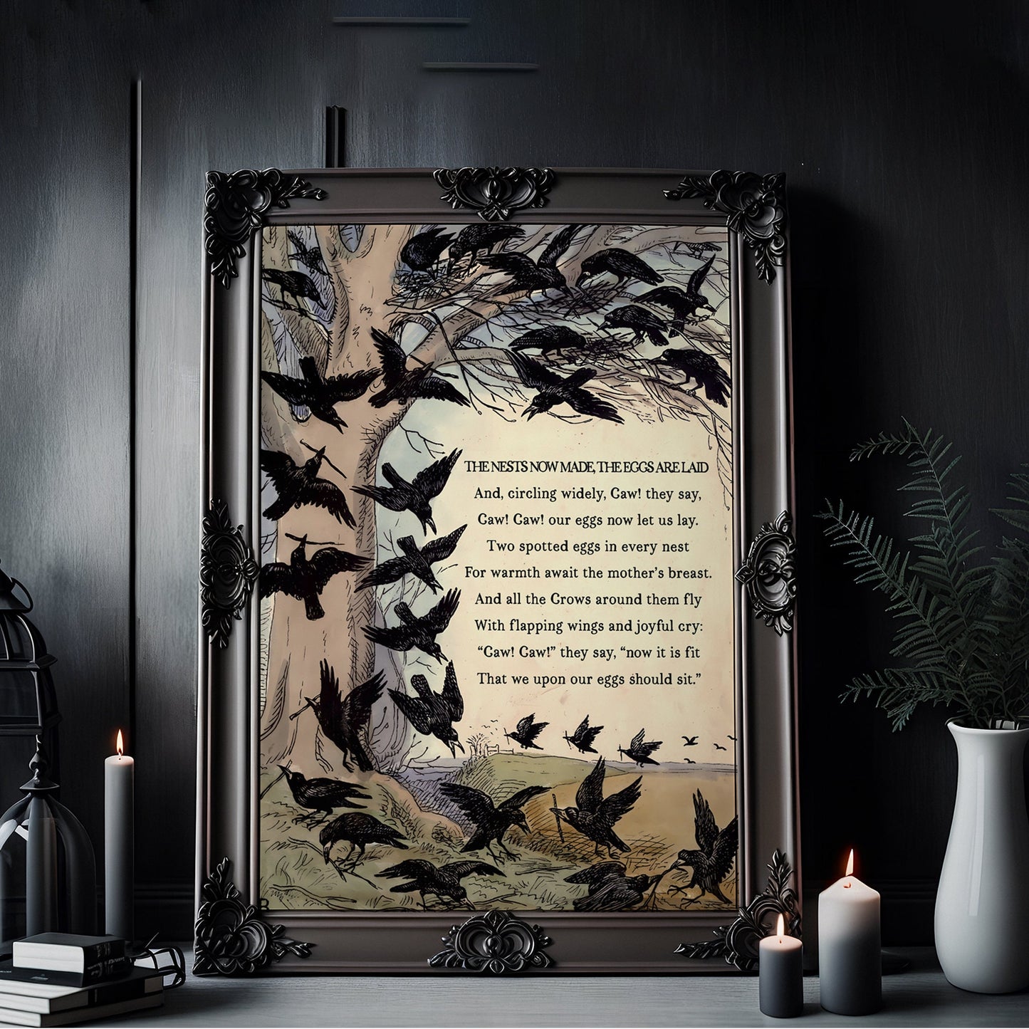 Raven Poem - Crows - Caw Caw - Gothic Poster - The Tale of the Crows - Large Artwork - Black and Beige