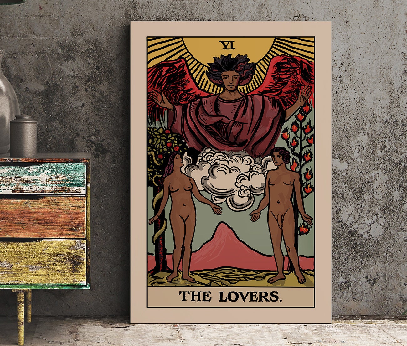 The Lovers - Tarot Card Print - The Black Lovers Card Poster By Printagrams (No Frame)