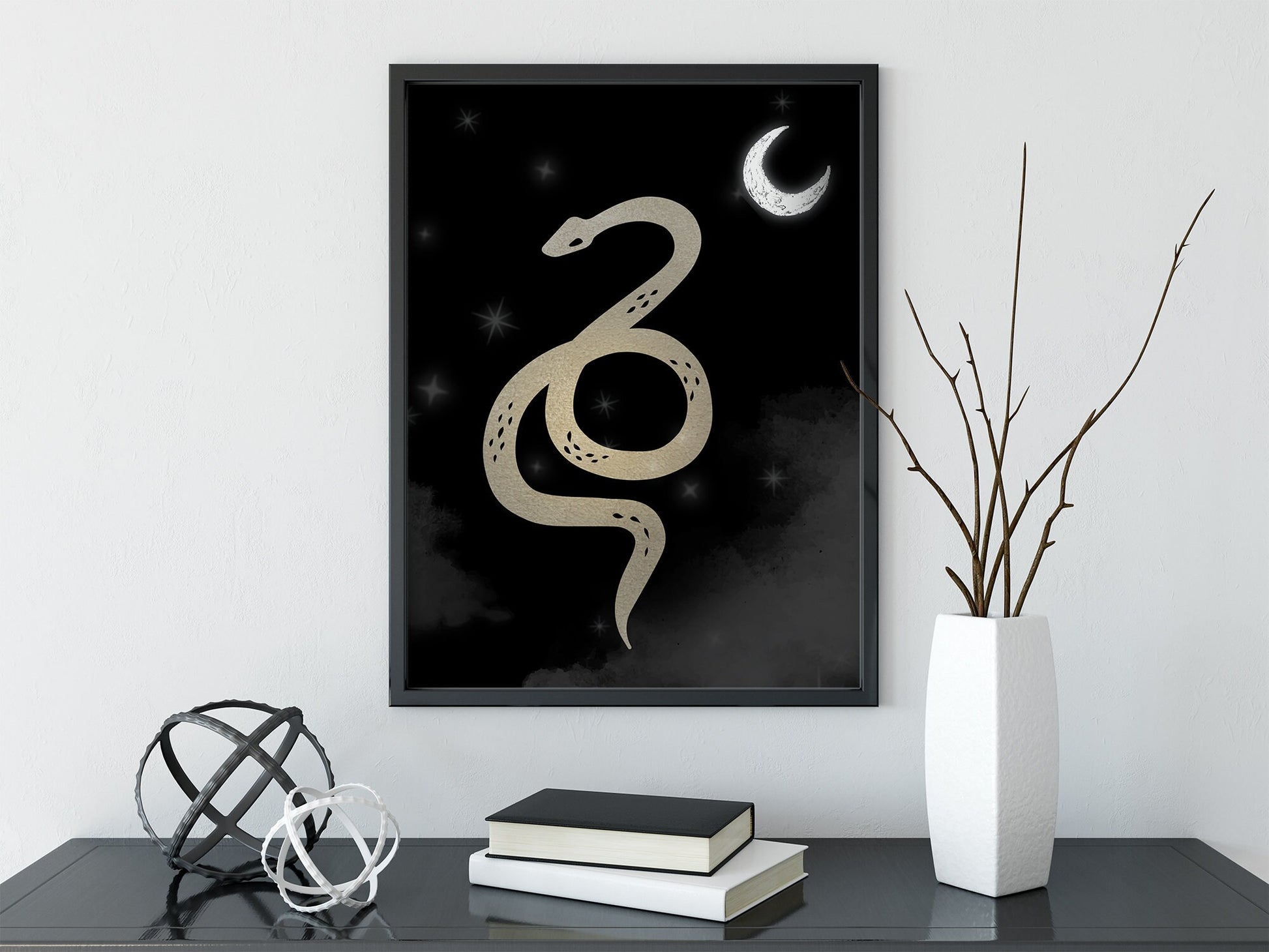 Snakes and Moon Print - Black and Gold Poster - No frame