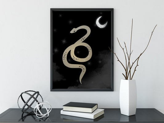 Snakes and Moon Print - Black and Gold Poster - No frame