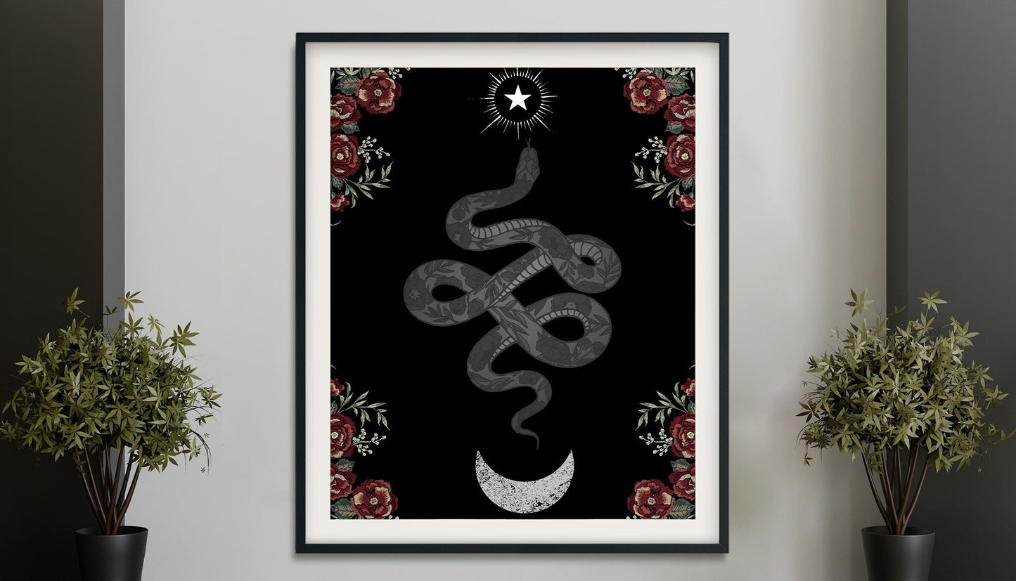Snakes and Roses Print - Moon with Red Roses Poster - No frame