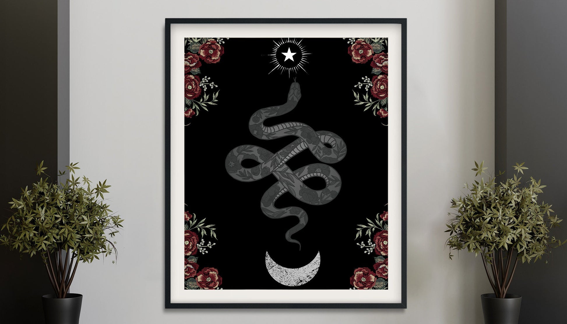 Snakes and Roses Print - Moon with Red Roses Poster - No frame