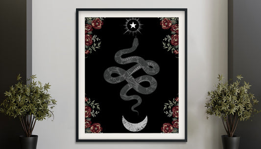 Snakes and Roses Print - Moon with Red Roses Poster - No frame