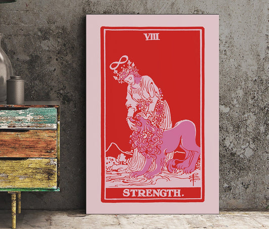 Strength - Tarot Card Print - The Strength Pink and Red Card Poster, No Frame