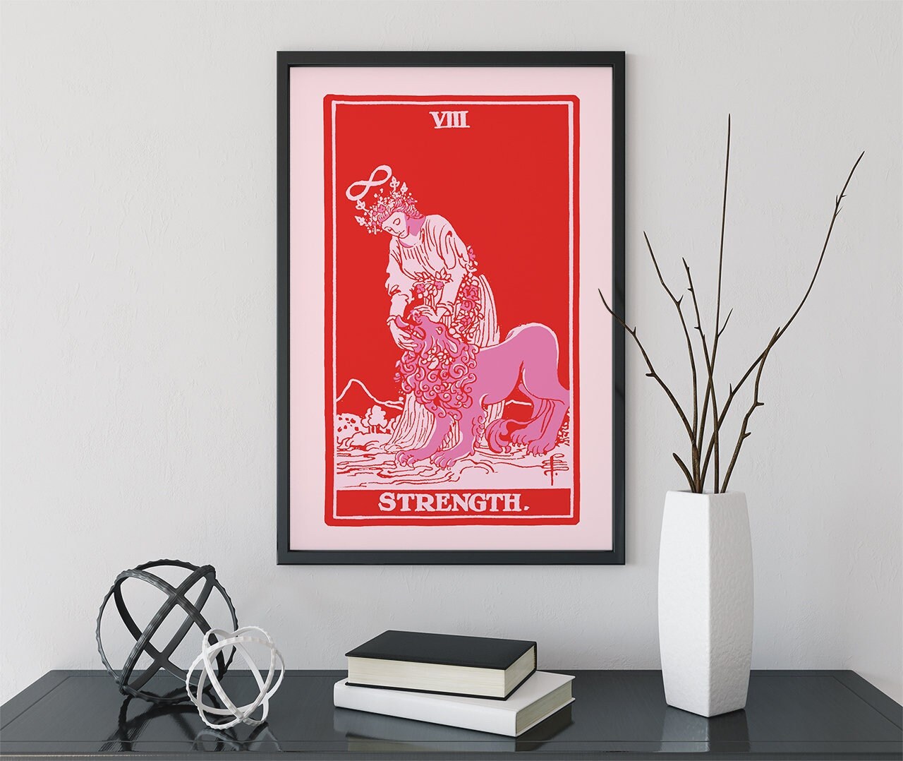 Strength - Tarot Card Print - The Strength Pink and Red Card Poster, No Frame