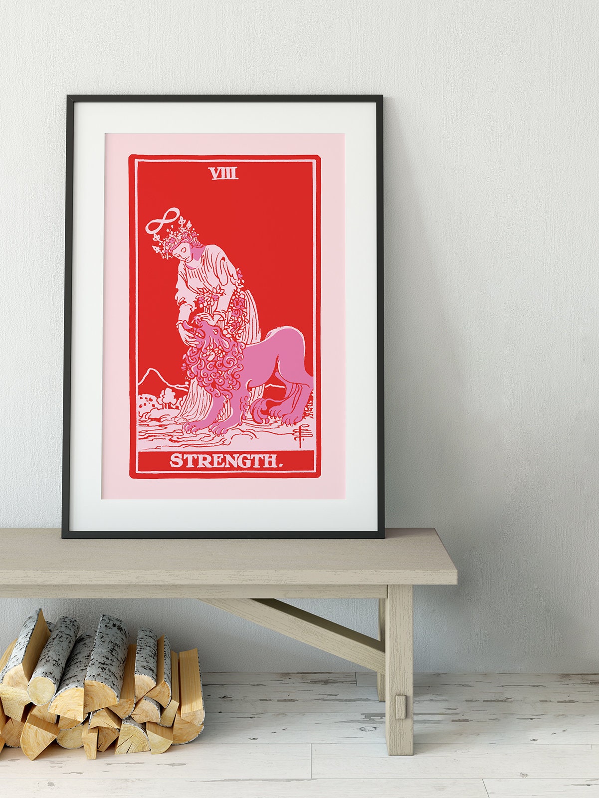 Strength - Tarot Card Print - The Strength Pink and Red Card Poster, No Frame