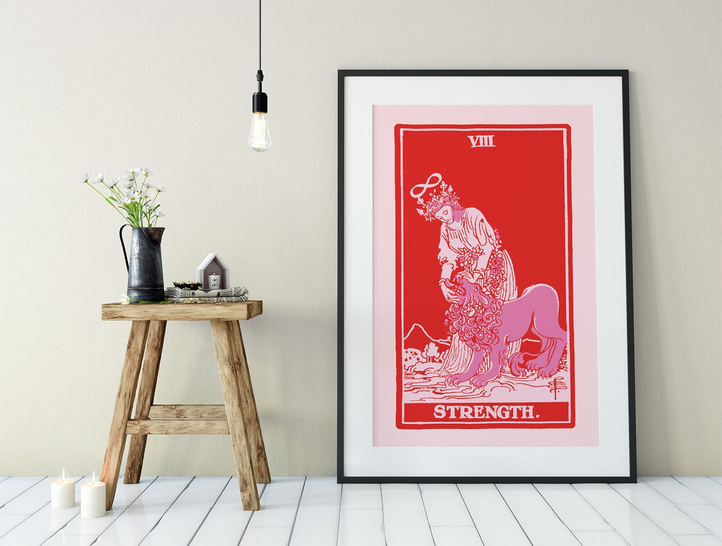 Strength - Tarot Card Print - The Strength Pink and Red Card Poster, No Frame