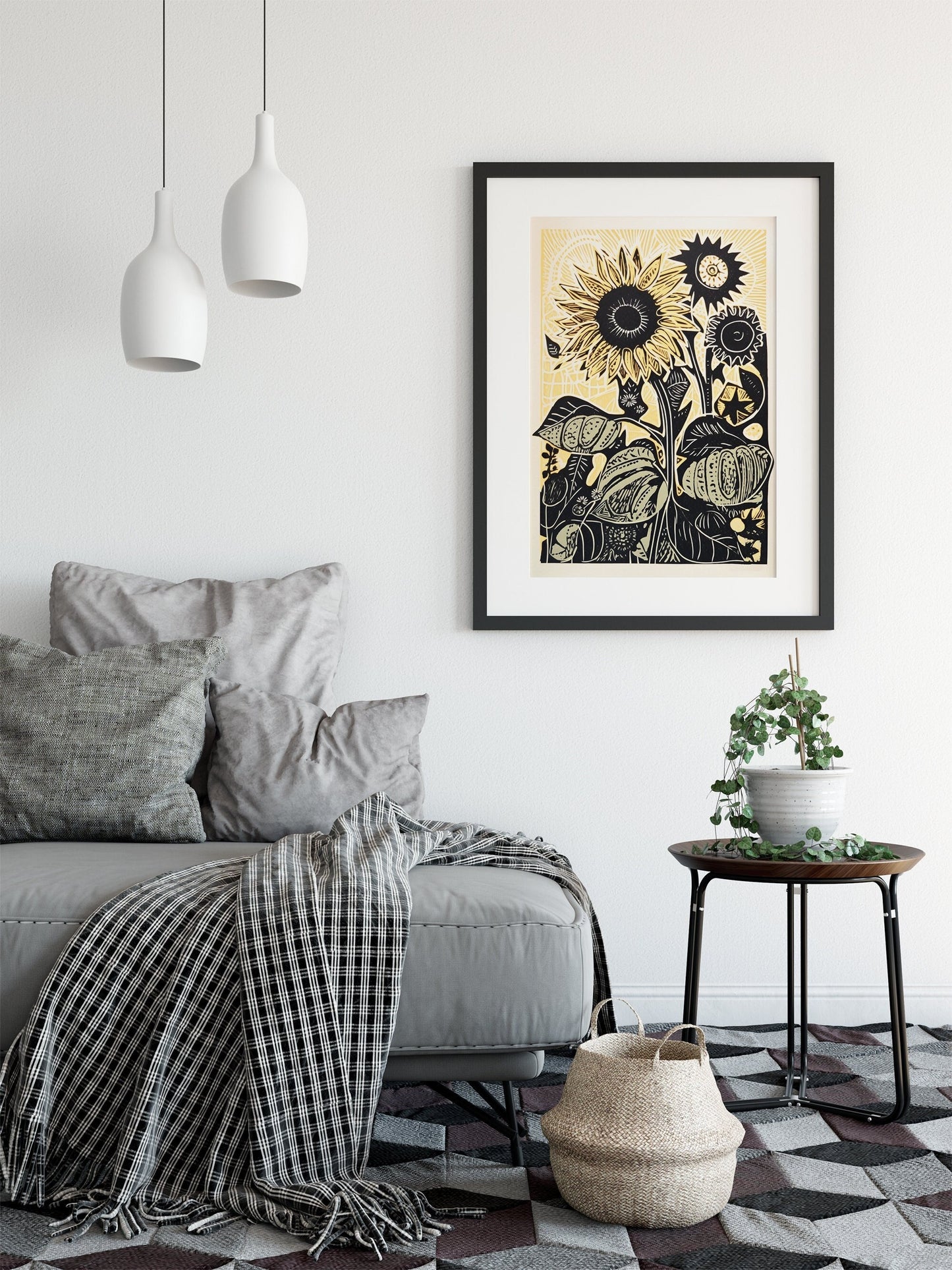 Sunflowers Art Print - Linocut Sunflowers - Bohemian Print - Large Artwork