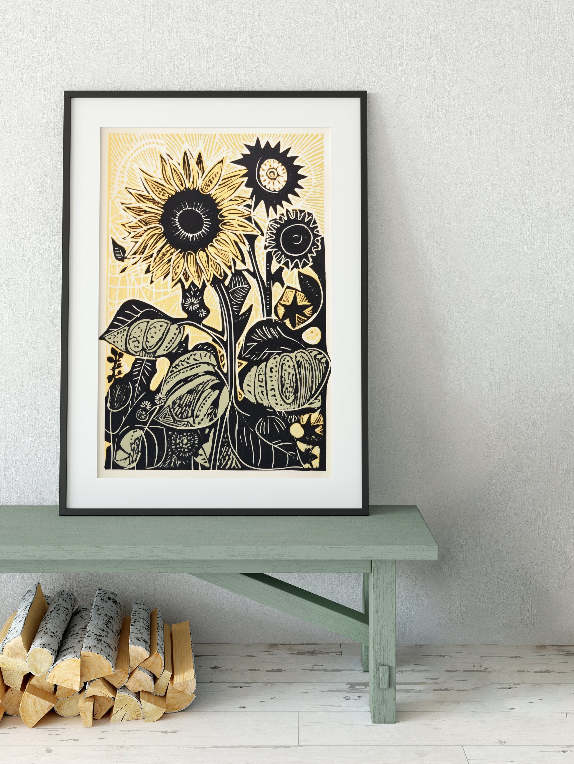 Sunflowers Art Print - Linocut Sunflowers - Bohemian Print - Large Artwork