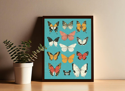 Teal Butterflies Print - Vintage Print Bohemian - Butterfly Poster Print - Retro Butterflies