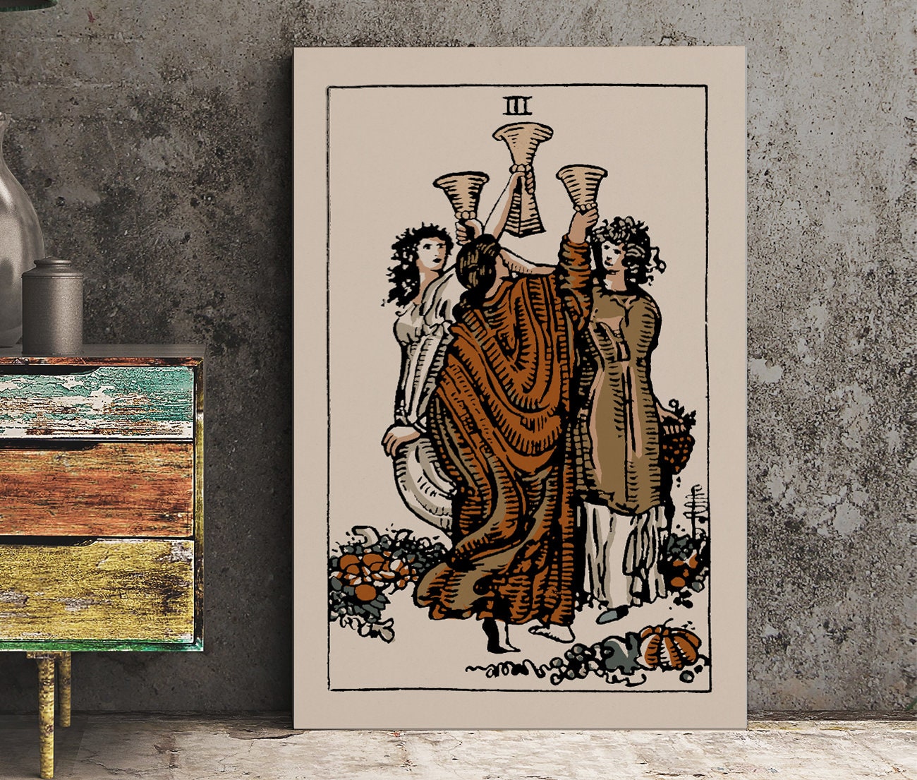 The 3 Of Cups- Tarot Card Print - The Three Of Cups Card Neutral Vibe Poster Eclectic Tarot, No Frame