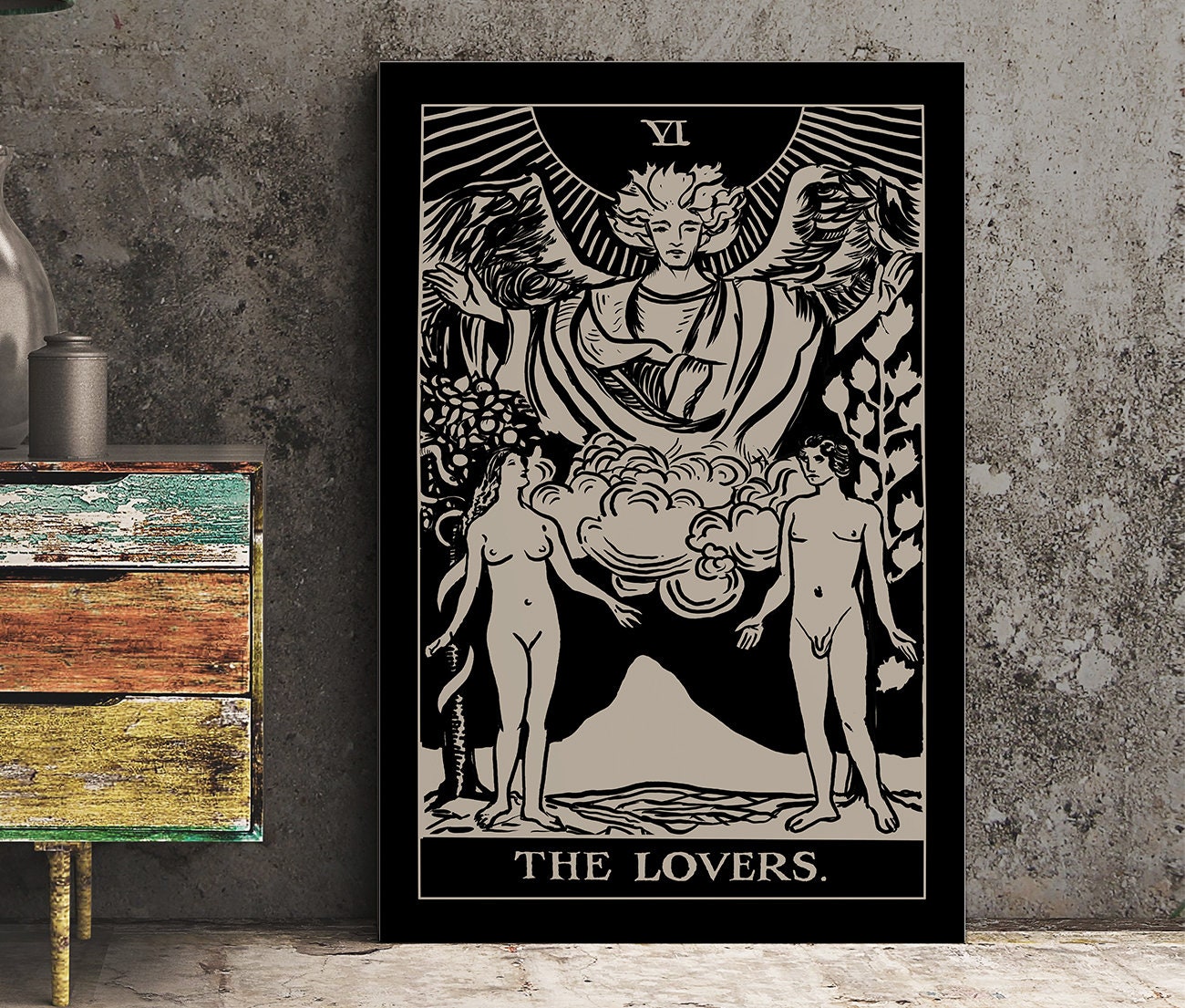The Lovers - Tarot Card Print - The Lovers Card Poster By Printagrams Black Print (No Frame)
