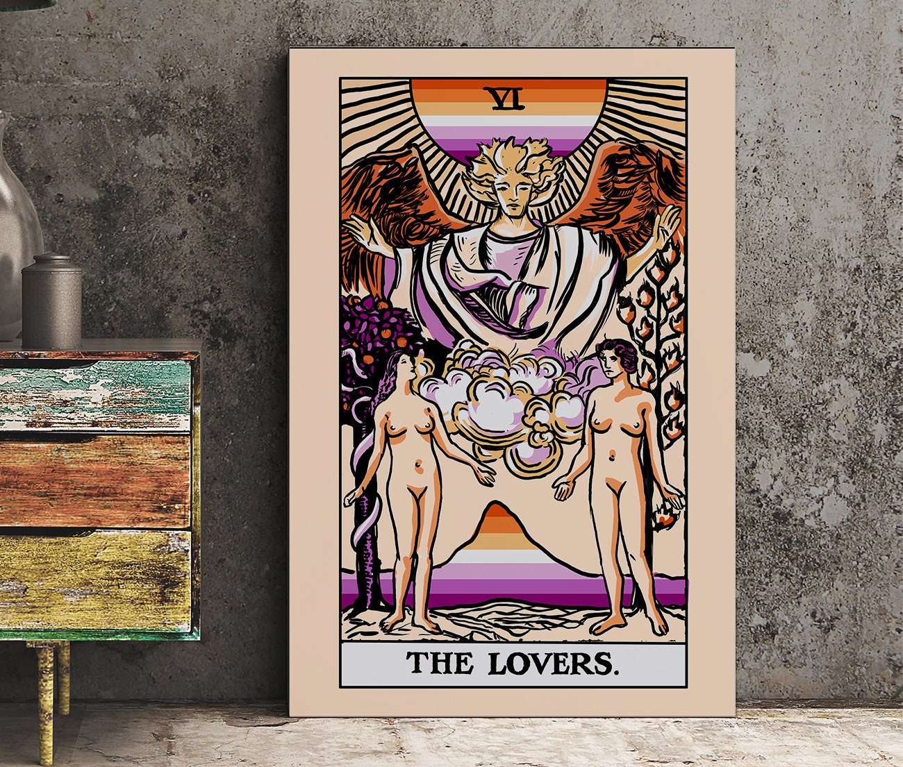 The Lovers - Tarot Card Print - Two Women Lovers Lesbian Flag Tarot Print Poster, No Frame