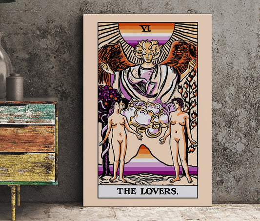 The Lovers - Tarot Card Print - Two Women Lovers Lesbian Flag Tarot Print Poster, No Frame