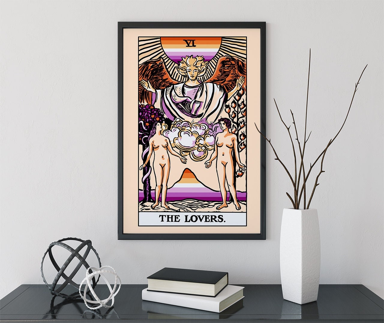 The Lovers - Tarot Card Print - Two Women Lovers Lesbian Flag Tarot Print Poster, No Frame