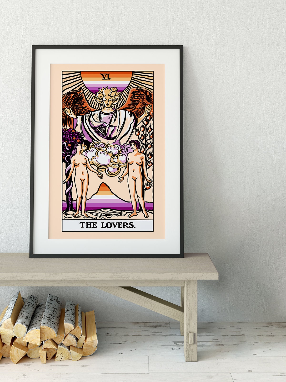 The Lovers - Tarot Card Print - Two Women Lovers Lesbian Flag Tarot Print Poster, No Frame