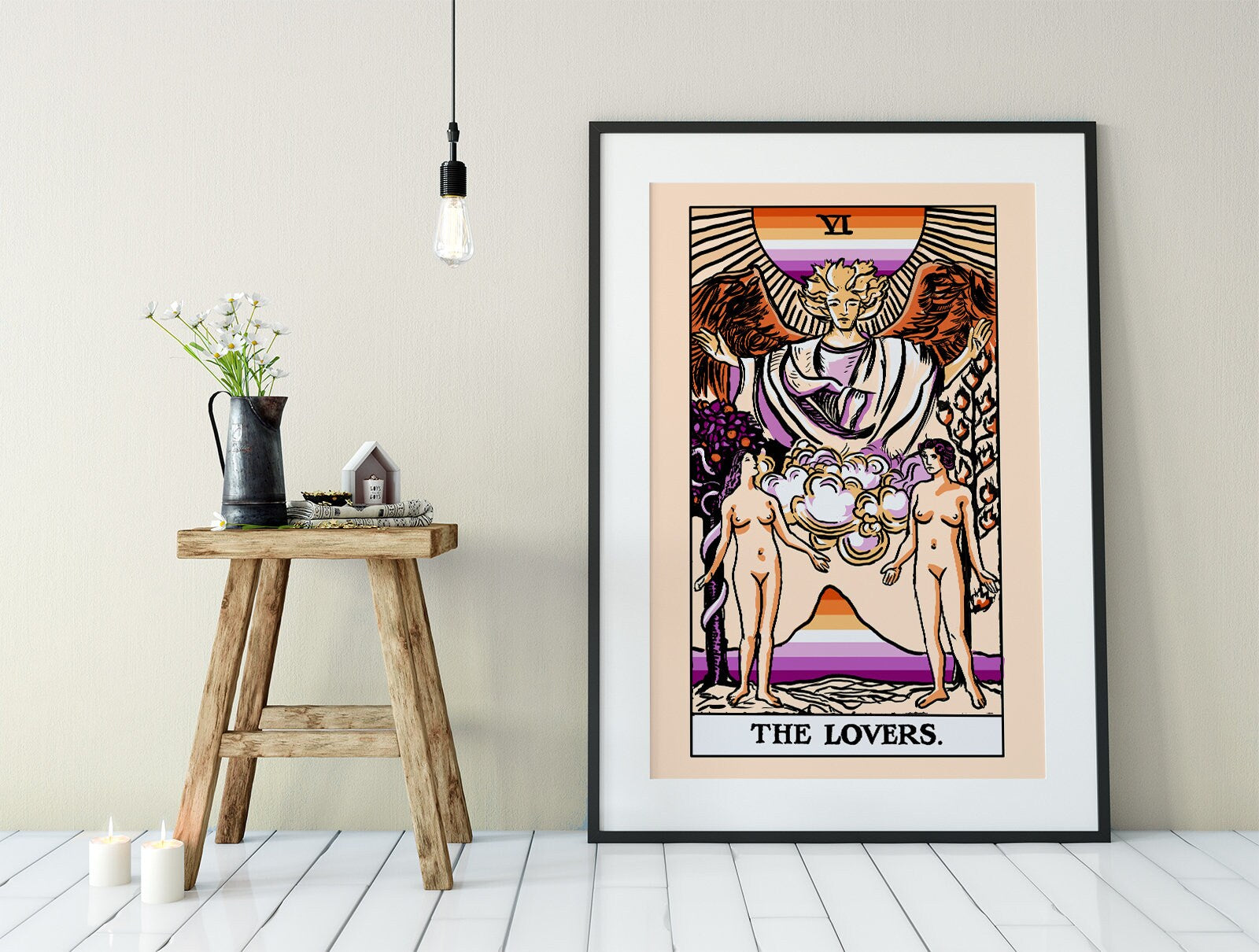 The Lovers - Tarot Card Print - Two Women Lovers Lesbian Flag Tarot Print Poster, No Frame