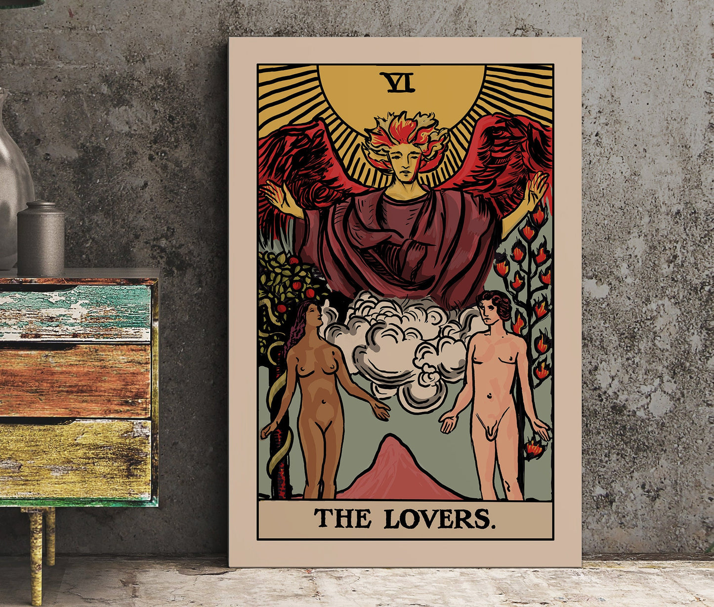 The Lovers - Tarot Card Print - Interracial Lovers Card Poster, No Frame