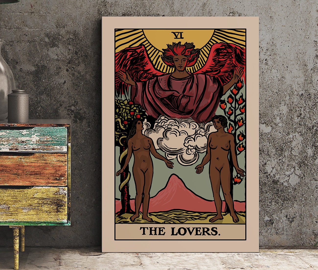 The Lovers - Tarot Card Print - Two Black Women Lovers Card Poster, No Frame
