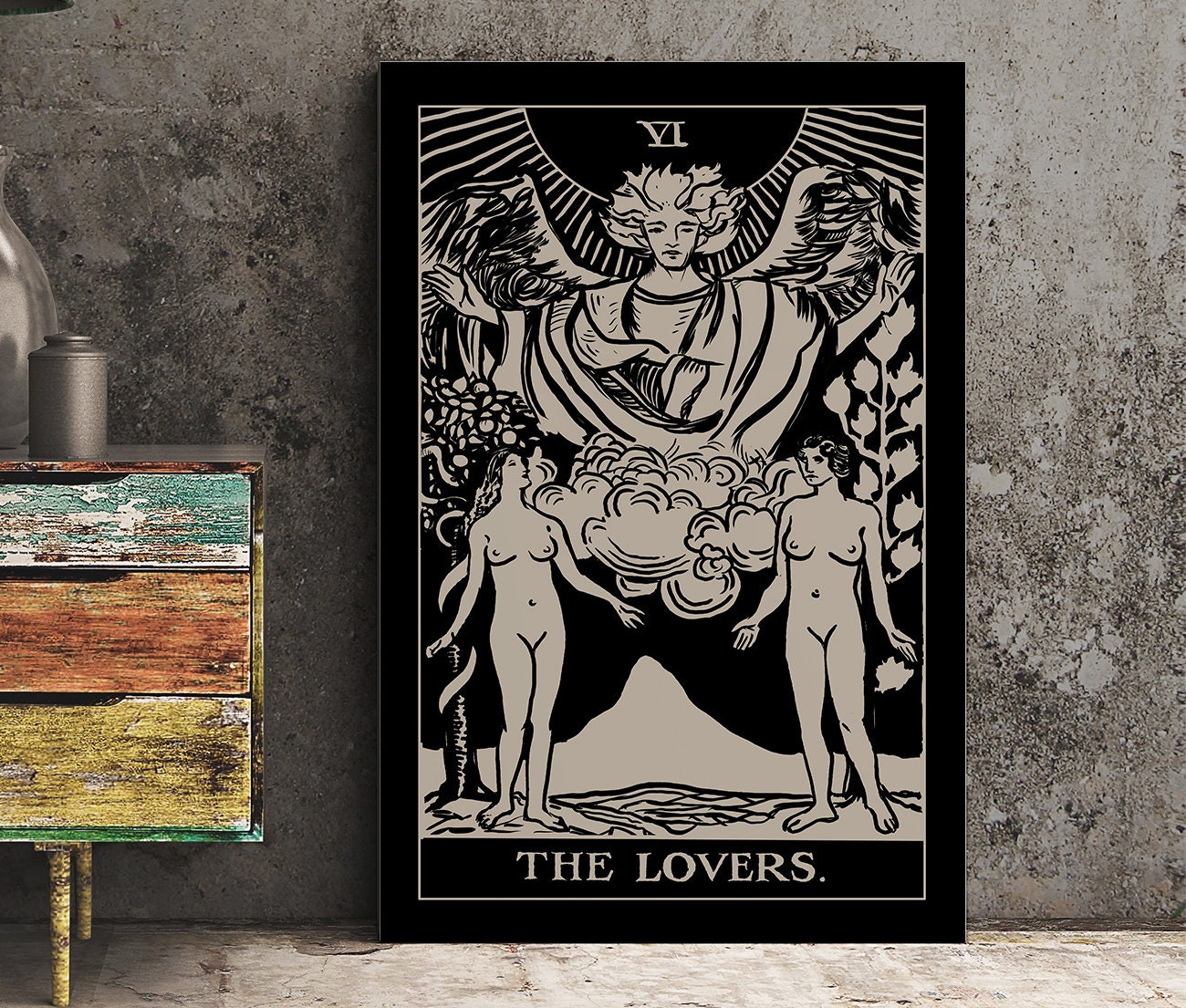 The Lovers - Tarot Card Print - Two Women Lovers Black Card Poster, No Frame