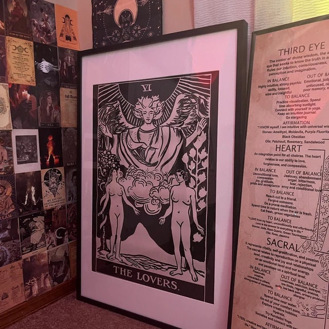 The Lovers - Tarot Card Print - Two Women Lovers Black Card Poster, No Frame