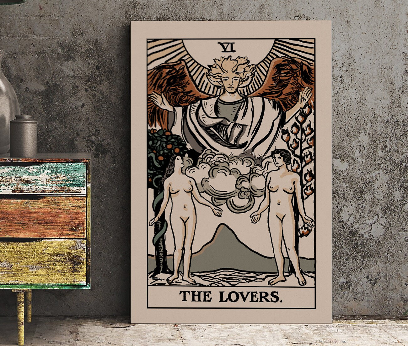 The Lovers - Tarot Card Print - Two Women Lovers Neutral Vibe Card Poster Eclectic Tarot, No Frame